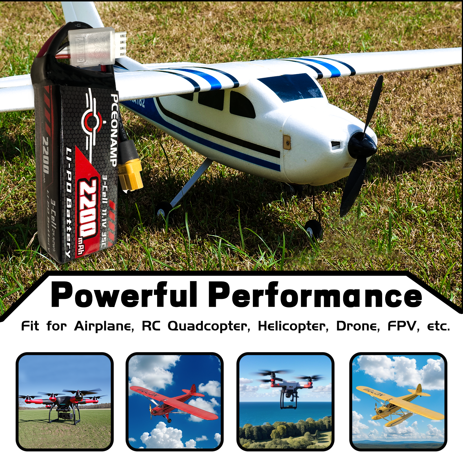 PCEONAMP 3S Lipo Battery 2200mAh 11.1V 35C with XT60 Plug Rechargeable High Capacity RC Airplane Battery Soft Case Fit for FPV Drone Airplane RC Quadcopter Helicopter