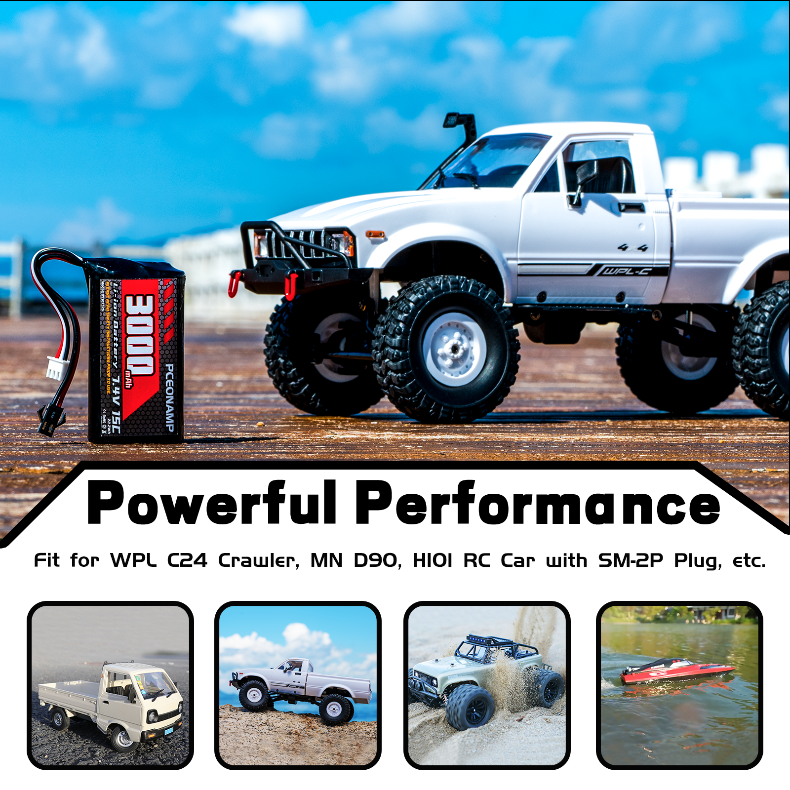 PCEONAMP 7.4V Li-ion Battery 3000mAh 2S Battery with SM-2P Plug Rechargeable High Capacity RC Battery Fit for WPL C24 MN D90 RC Cars, H101 RC Boat RC Truck Batteries with 2 USB Charger