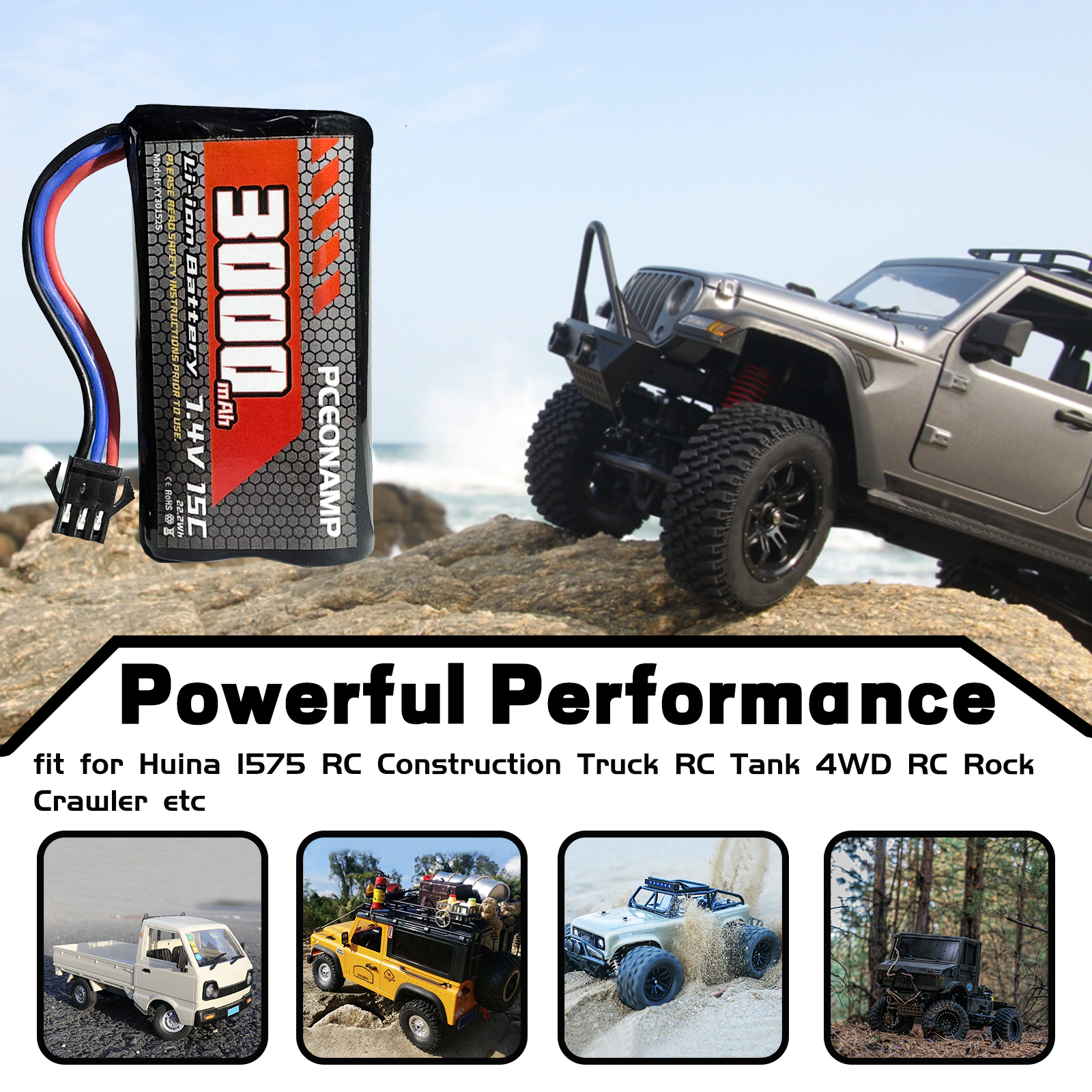 PCEONAMP 7.4v RC Battery 3000mAh 2S Li-ion with SM-3P Plug Rechargeable High Capaity Fit for RC Tank RC Truck 4WD RC Rock Crawler RC Car Batteries with 2 USB Charger