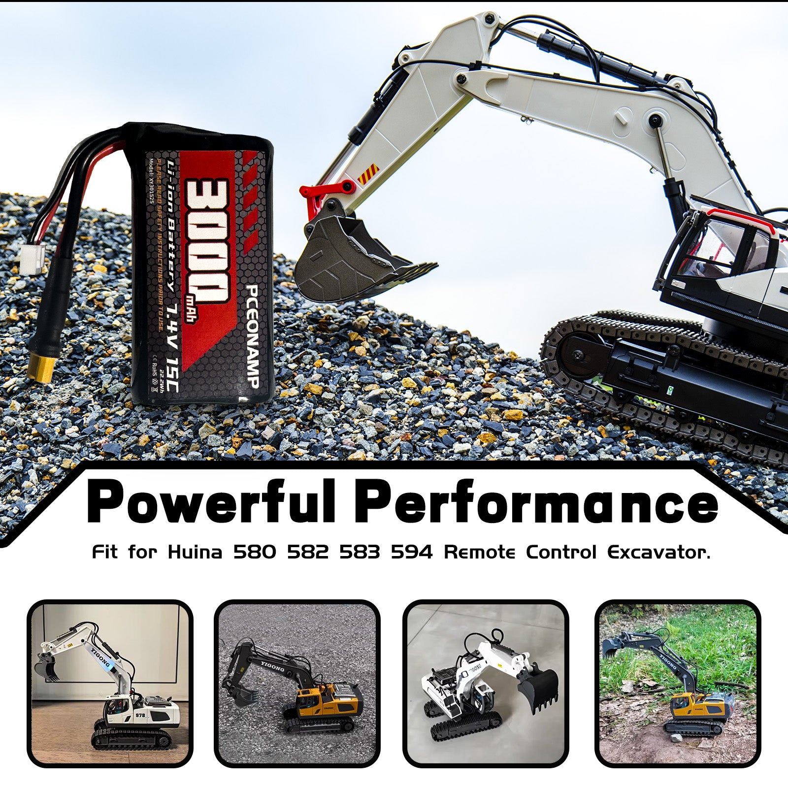PCEONAMP 7.4V Li-ion Battery 3000mAh 2S with XT30 Plug Rechargeable High Capacity RC Battery fit for Huina 580 582 583 594 Remote Control Excavator with 2 USB Charger Cable