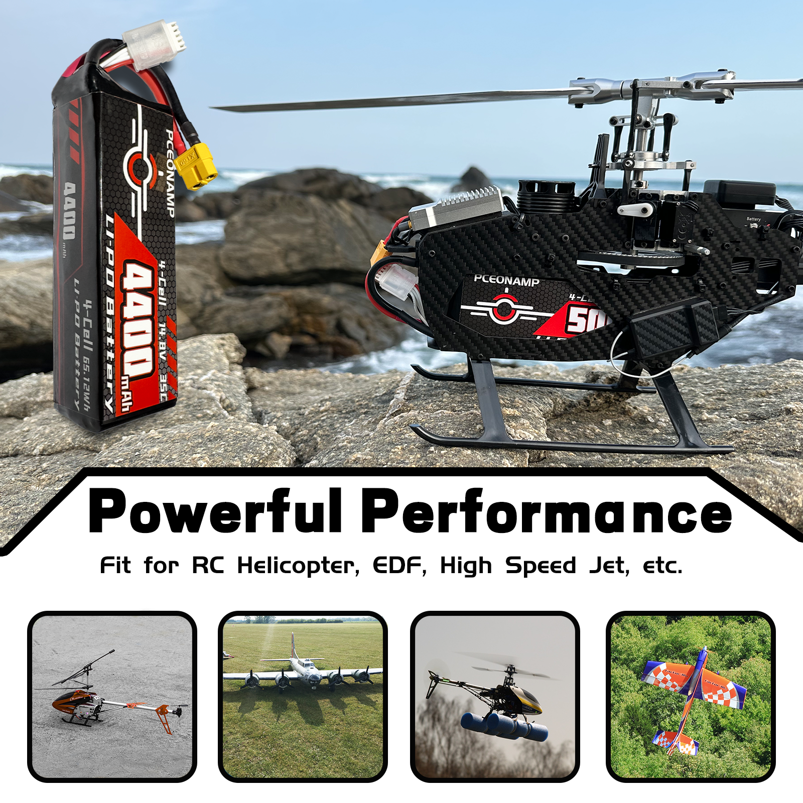 PCEONAMP 4S Lipo Battery 4400mAh 14.8V 35C with XT60 Plug Rechargeable High Capacity RC Airplane Battery Soft Case Fit for RC Helicopter, EDF, High Speed Jet, with Battery Storage Box