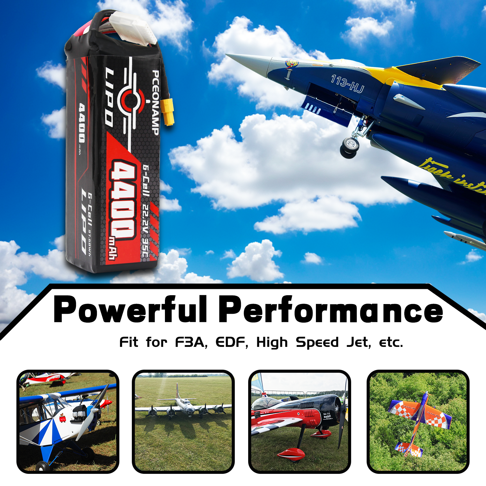 PCEONAMP 6S Lipo Battery 4400mAh 22.2V 35C with XT60 Plug Rechargeable High Capacity RC Battery Soft Case Fit for EDF, High Speed Jet, with Battery Storage Box