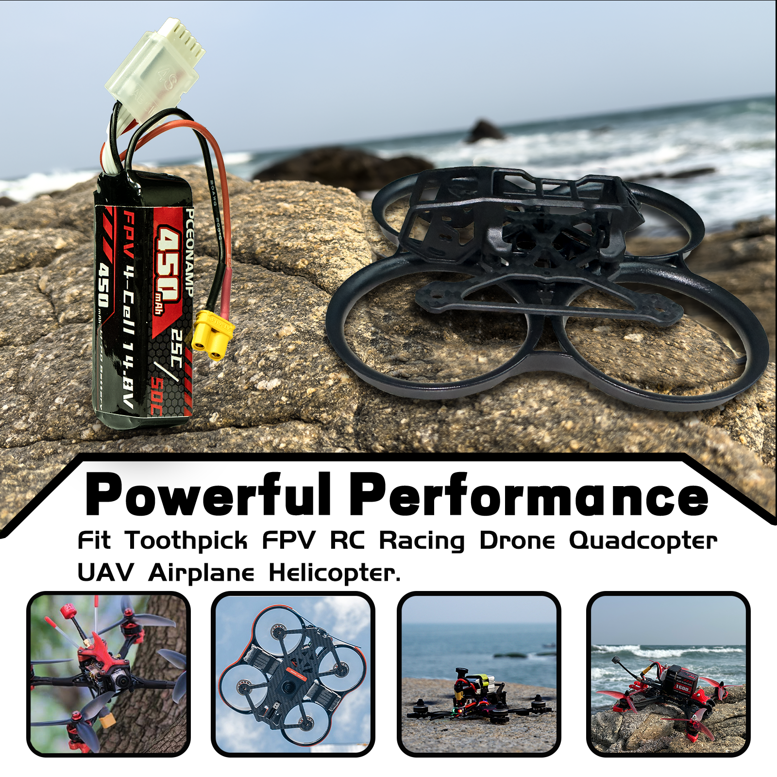 PCEONAMP 4S Lipo Battery 450mAh 14.8V Burst 50C with XT30 Plug Rechargeable High Capacity RC Drone Battery Soft Case Fit for RC FPV RC Racing Drone Quadcopter