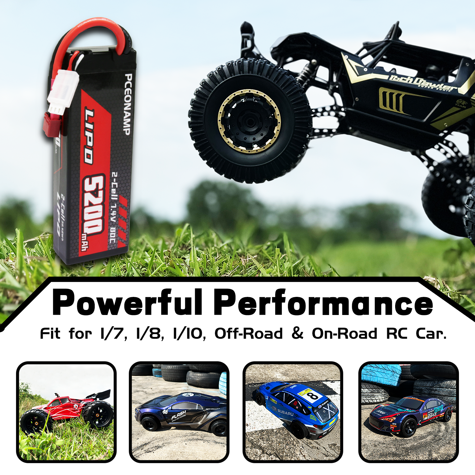 PCEONAMP 2S Lipo Battery 7.4V 80C 5200mAh with Deans T Plug Rechargeable High Capacity RC Cars Battery Hard Case Fit for RC Car Trucks 1/8 1/10 High Speed RC Cars with Battery Storage Box