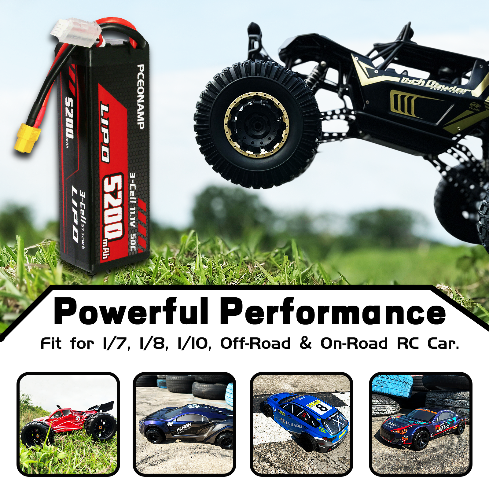 PCEONAMP 3S Lipo Battery 11.1V 50C 5200mAh with XT60 Plug High Capacity RC Cars Battery Fit for RC Car Model, RC Racing Car Truck Tank Boat Heli Airplane Quadcopter Helicopter with Battery Storage Box