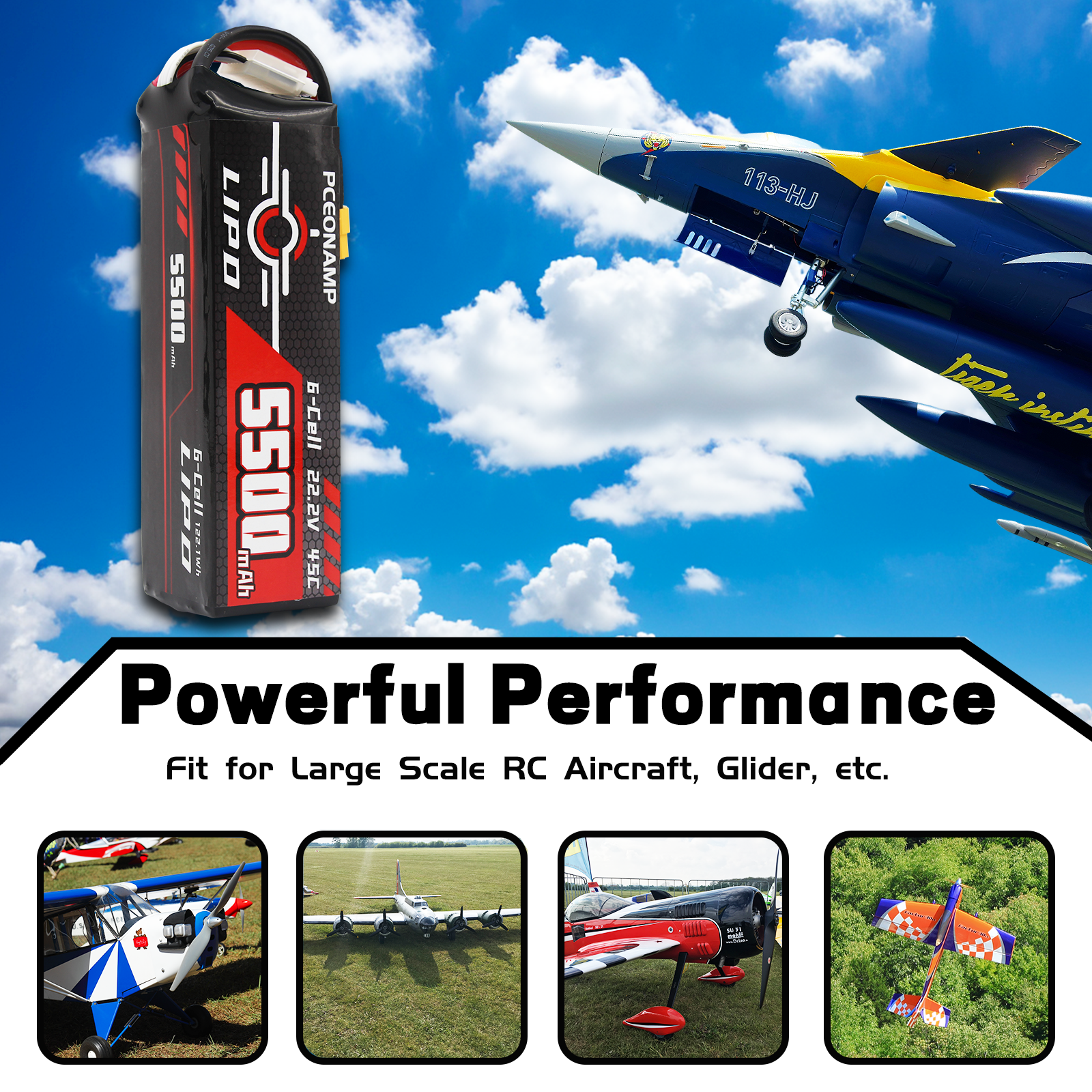 PCEONAMP 6S Lipo Battery 5500mAh 22.2V 45C with XT60 Plug Rechargeable High Capacity RC Battery Soft Case Fit for Large Scale RC Aircraft, Glider,with Battery Storage Box