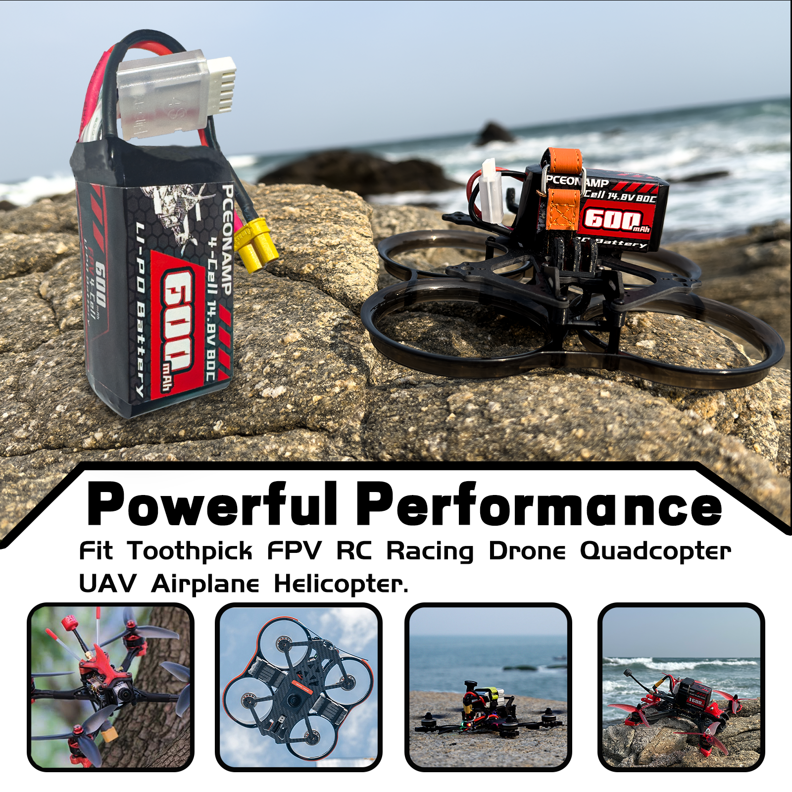 PCEONAMP 4S Lipo Battery 600mAh 14.8V 80C with XT30 Plug Rechargeable High Capacity RC Drone Battery Soft Case Fit for Toothpick FPV RC Racing Drone Quadcopter UAV Airplane Helicopter