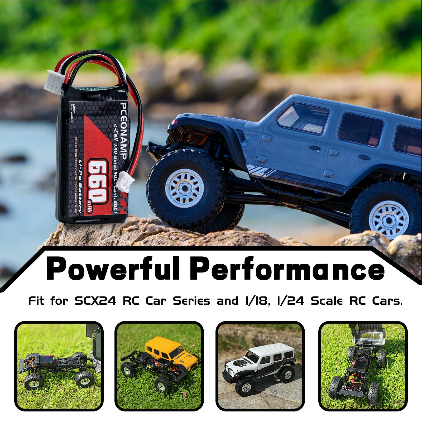 PCEONAMP 2S Lipo Battery 660mAh 7.4V for SCX24 Burst 70C with PH2.0 Plug Rechargeable High Capacity RC 7.4V Lipo Battery Fit for 1/18, 1/24 Scale RC Cars Trucks with 1 USB Charger （2packs）