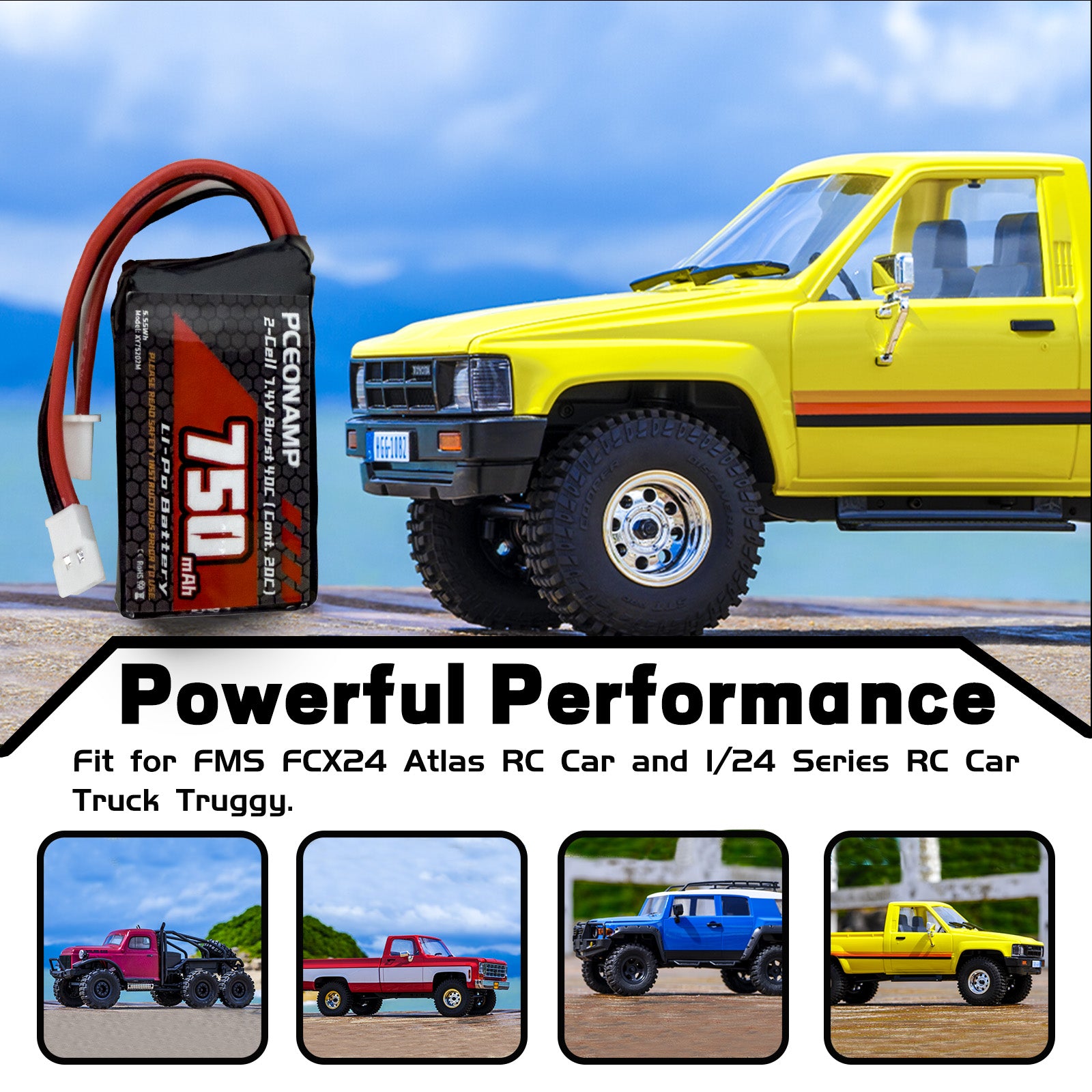 PCEONAMP 2S Lipo Battery 750mAh 7.4V for FCX24 Burst 40C with Molex Plug Rechargeable High Capacity RC 7.4V Lipo Battery Fit for 1/24 Scale RC Cars Trucks with 1 USB Charger （2pcs）