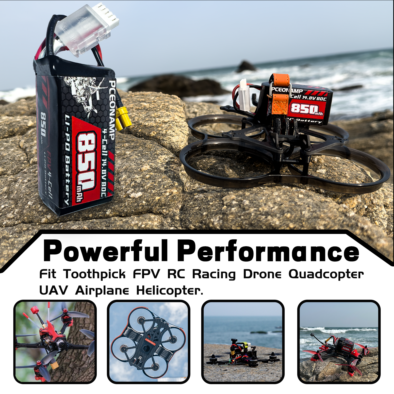 PCEONAMP 4S Lipo Battery 850mAh 14.8V 80C with XT30 Plug Rechargeable High Capacity RC Drone Battery Soft Case Fit for Toothpick FPV RC Racing Drone Quadcopter UAV Airplane Helicopter