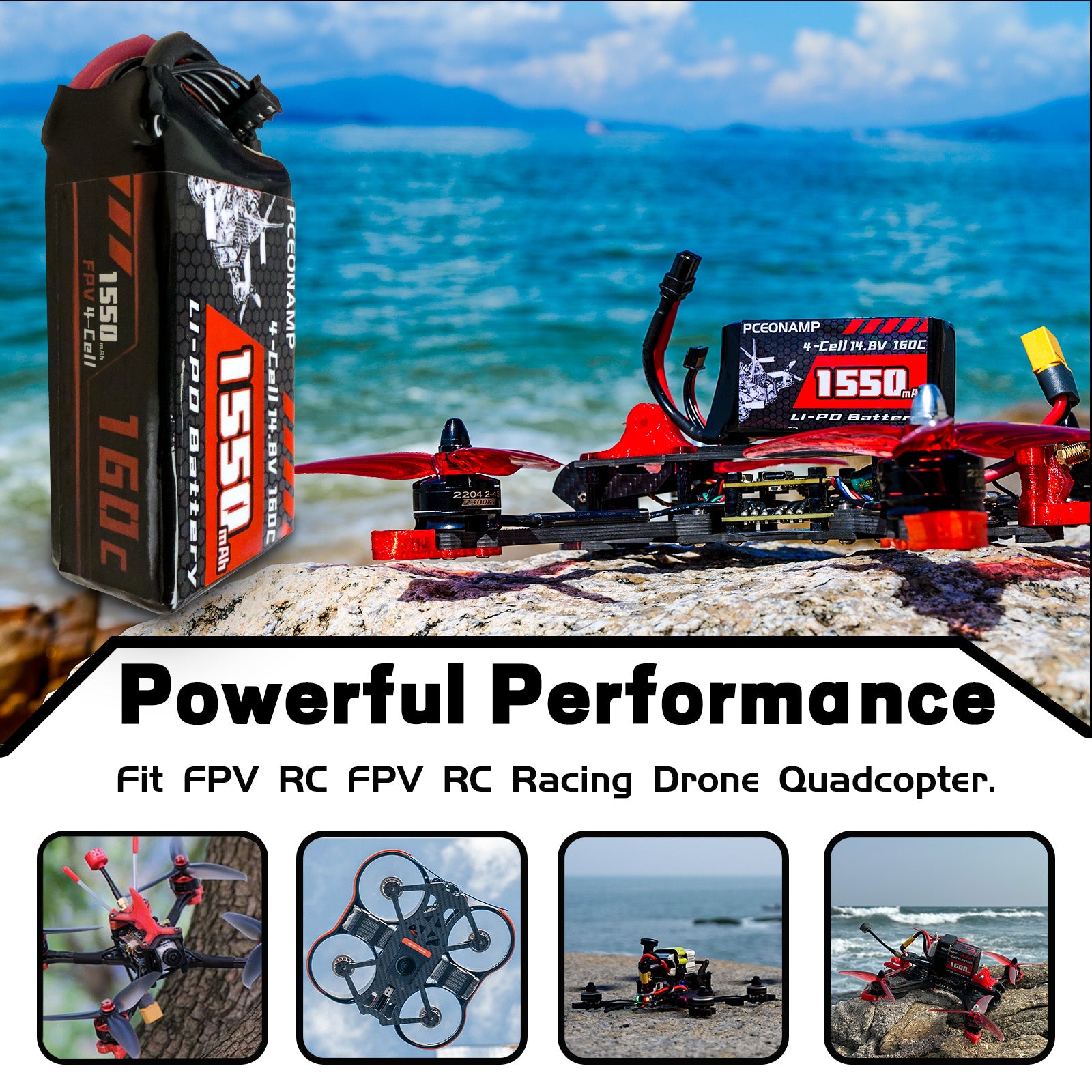 PCEONAMP 4S Lipo Battery 1550mAh 14.8V 160C with XT60 Plug Rechargeable High Capacity RC Drone Battery Soft Case Fit for RC FPV RC Racing Drone Quadcopter