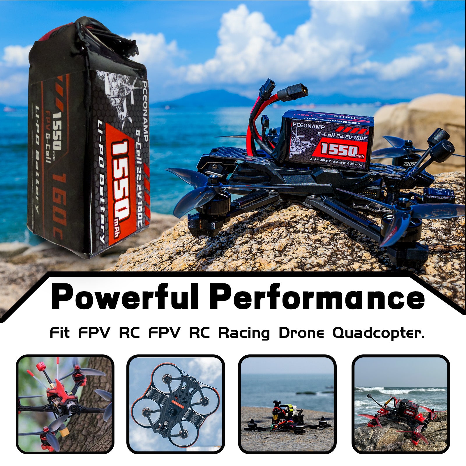 PCEONAMP 6S Lipo Battery 1550mAh 22.2V 160C with XT60 Plug Rechargeable High Capacity RC Drone Battery Soft Case Fit for RC FPV RC Racing Drone Quadcopter