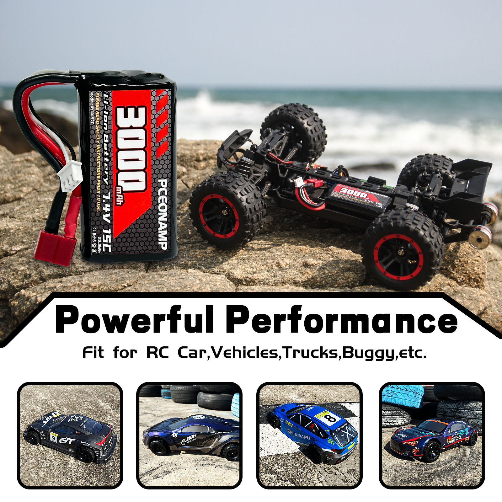 PCEONAMP 7.4V Li-ion Battery 3000mAh 2S with Deans T Plug Rechargeable High Capacity RC Battery Fit for WLtoys 4WD High Speed RC Cars and Most 1/10, 1/12, 1/16 Scale RC Cars Trucks with 2 USB Chargers