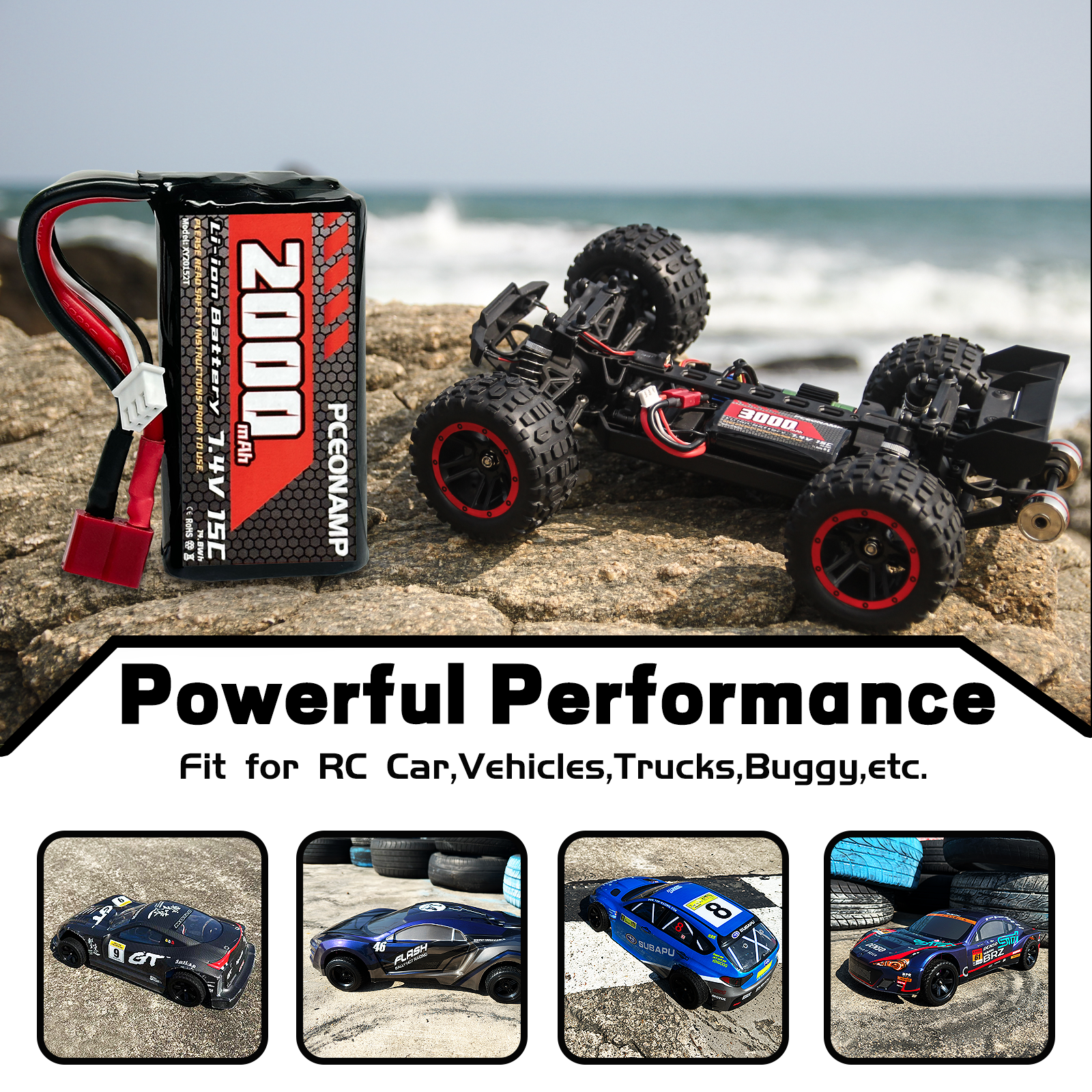 PCEONAMP 7.4V Li-ion Battery 2000mAh 2S with Deans T Plug Rechargeable High Capacity RC Battery Fit for WLtoys 4WD High Speed RC Cars and Most 1/10, 1/12, 1/16 Scale RC Cars Trucks with 2 USB Chargers