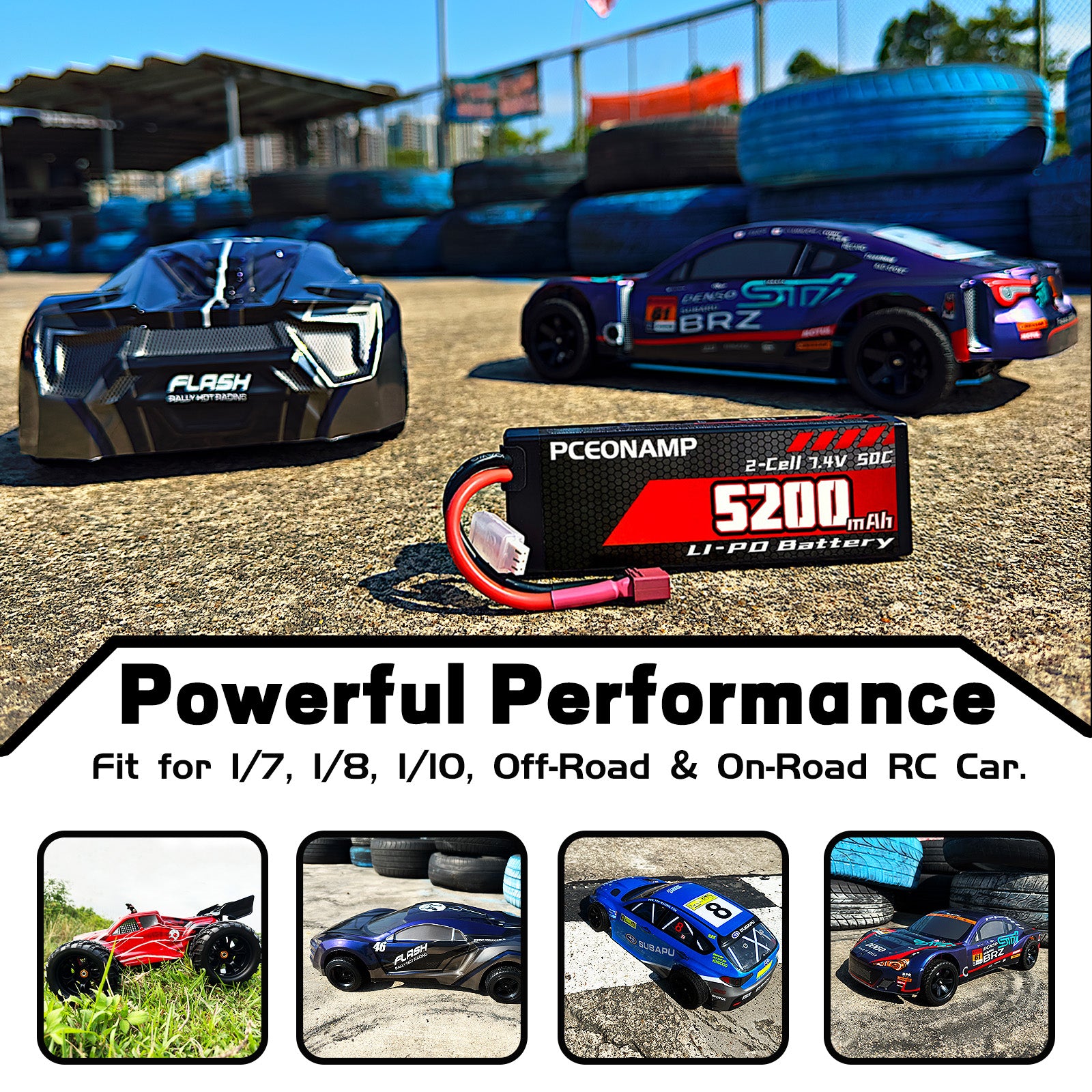 PCEONAMP 2S Lipo Battery 7.4V 50C 5200mAh with T Plug Rechargeable High Capacity RC Cars Battery Hard Case Fit for RC Car Trucks 1/8 1/10 High Speed RC Cars with Storage Box