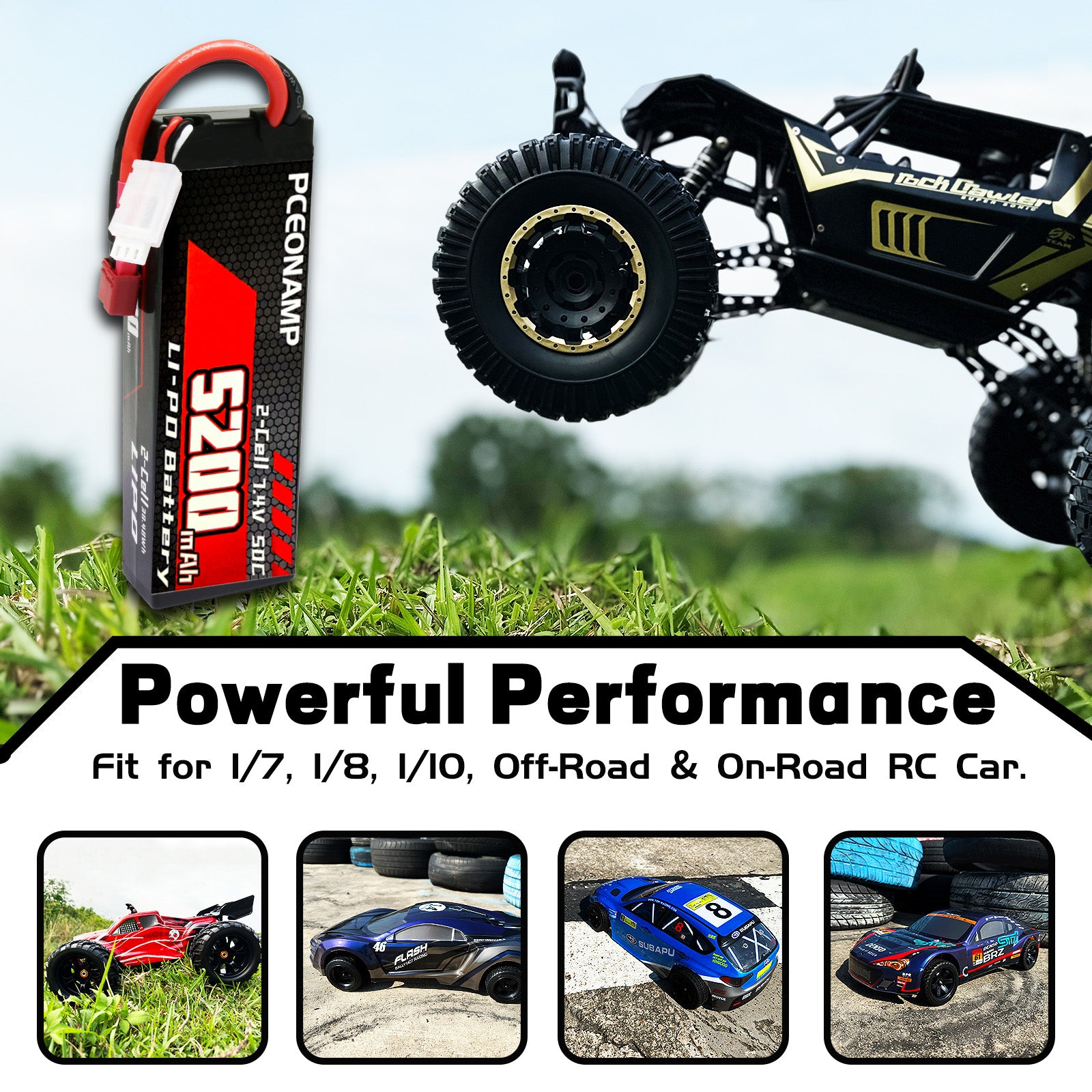 PCEONAMP 2S Lipo Battery 7.4V 50C 5200mAh with Deans T Plug Rechargeable High Capacity RC Cars Battery Hard Case Fit for RC Car Trucks 1/8 1/10 High Speed RC Cars