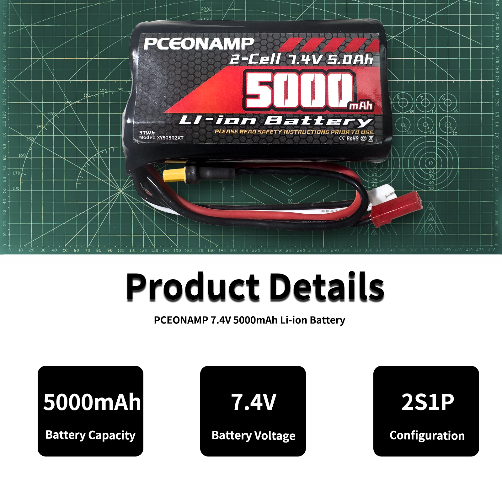 PCEONAMP TX16S Battery 5000mAh 2S 7.4V with JST-XH, JST Plug and XT30 Plug Fit for Transmitter TX16s RC4GS, RC6GS 1 Pack with 1 USB Charger