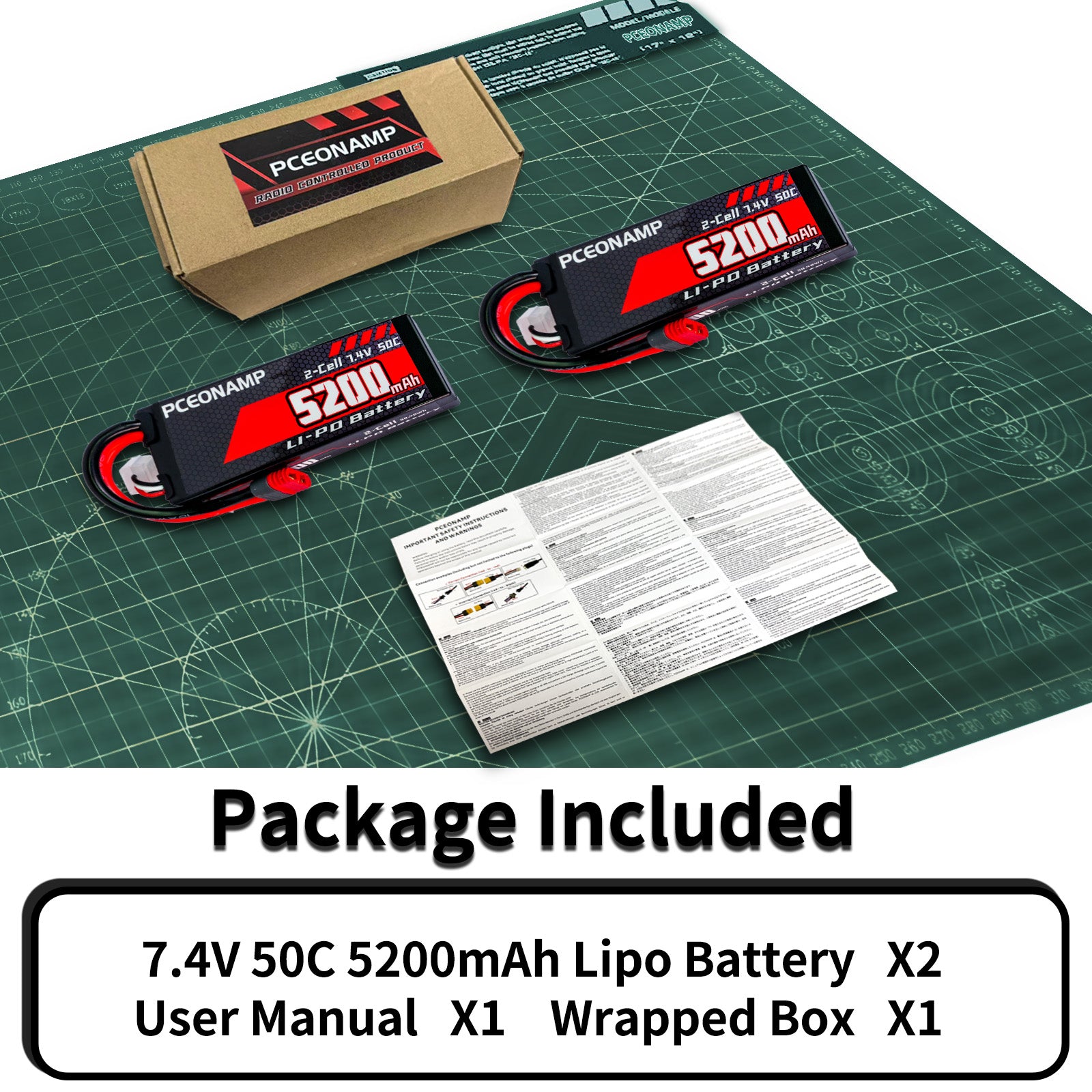 PCEONAMP 2S Lipo Battery 7.4V 50C 5200mAh with T Plug Rechargeable High Capacity RC Cars Battery Hard Case Fit for RC Car Trucks 1/8 1/10 High Speed RC Cars with Storage Box